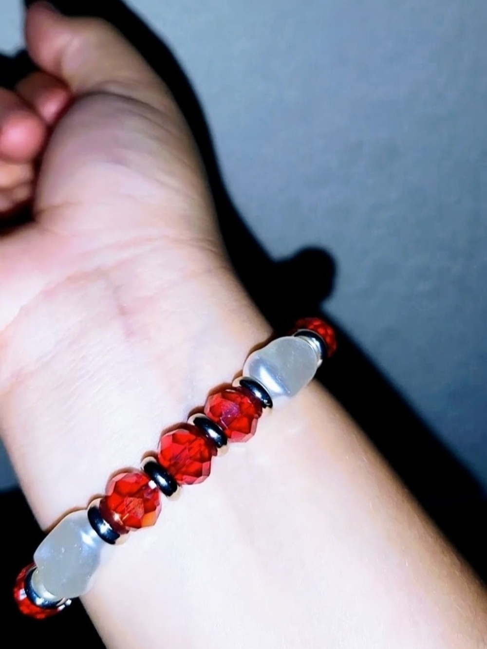Red Beaded Stretch Bracelet with Frosted Accents